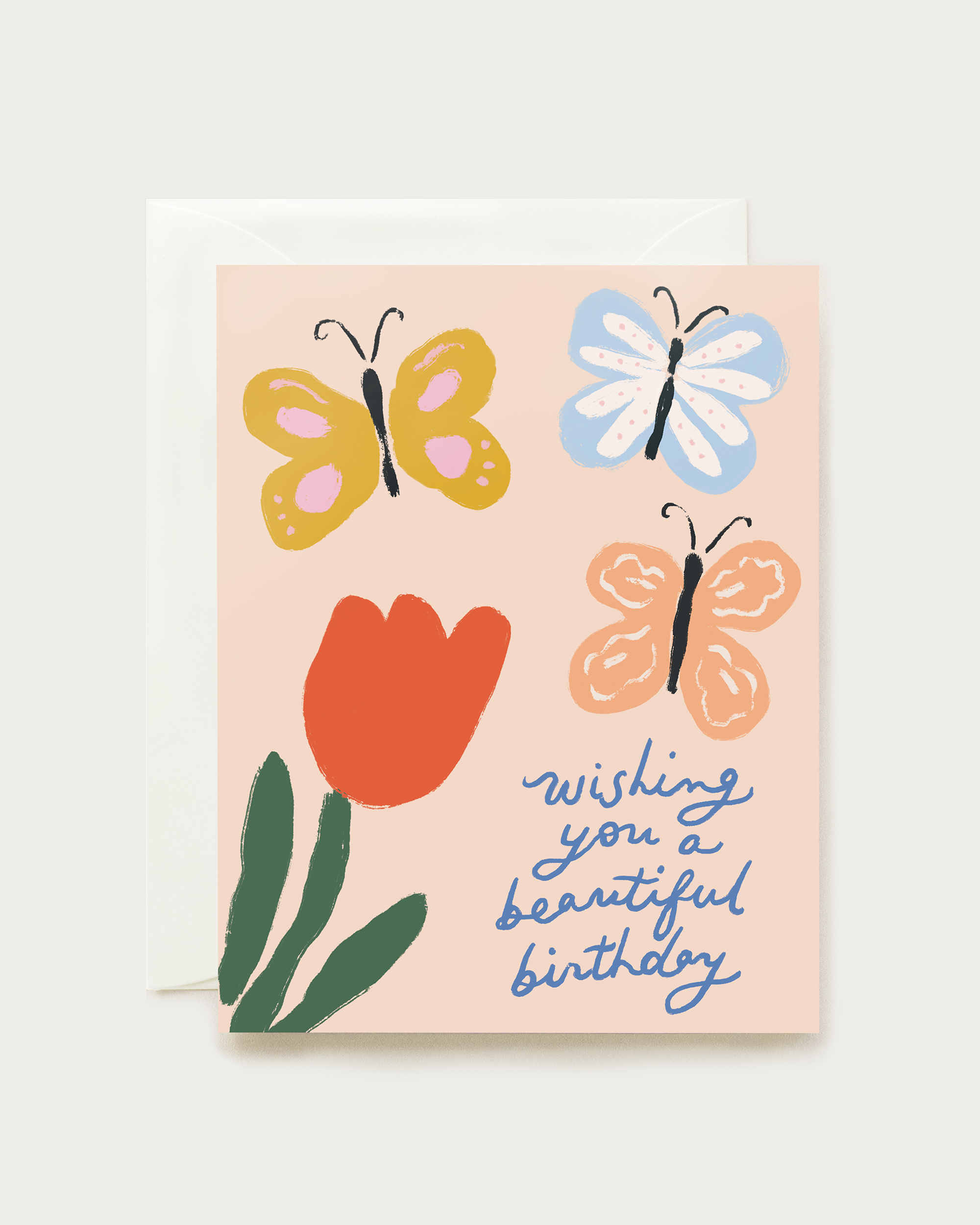 Greeting card with butterflies and a tulip, featuring the text &