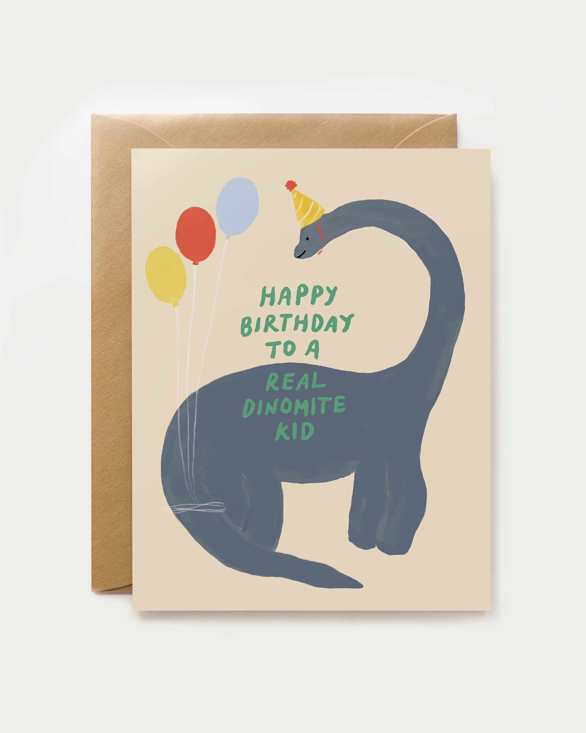 Birthday card with a dinosaur illustration and balloons