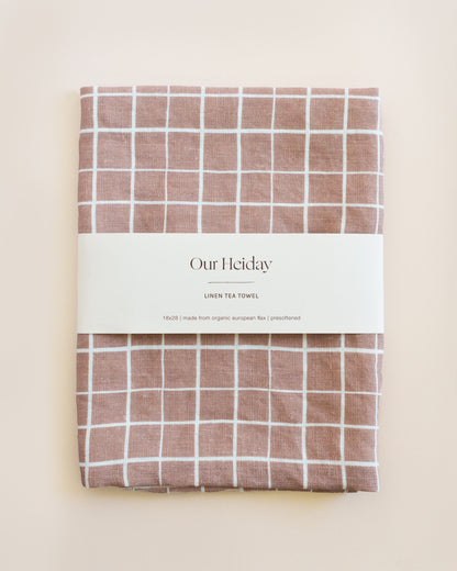 loose grid mocha colored linen tea towel 
