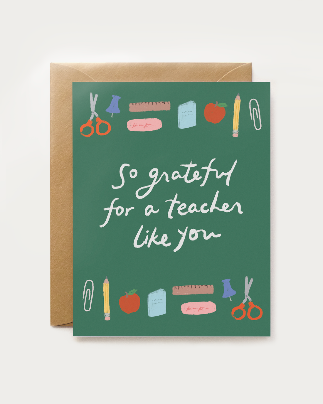 Greeting card with school supplies illustrations and text &
